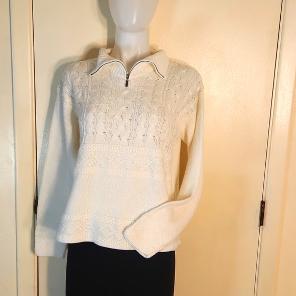 Vintage-Sarah Bentley Women's Cable Knit 1/4 Zip Mock Neck LS Sweater M Cream
